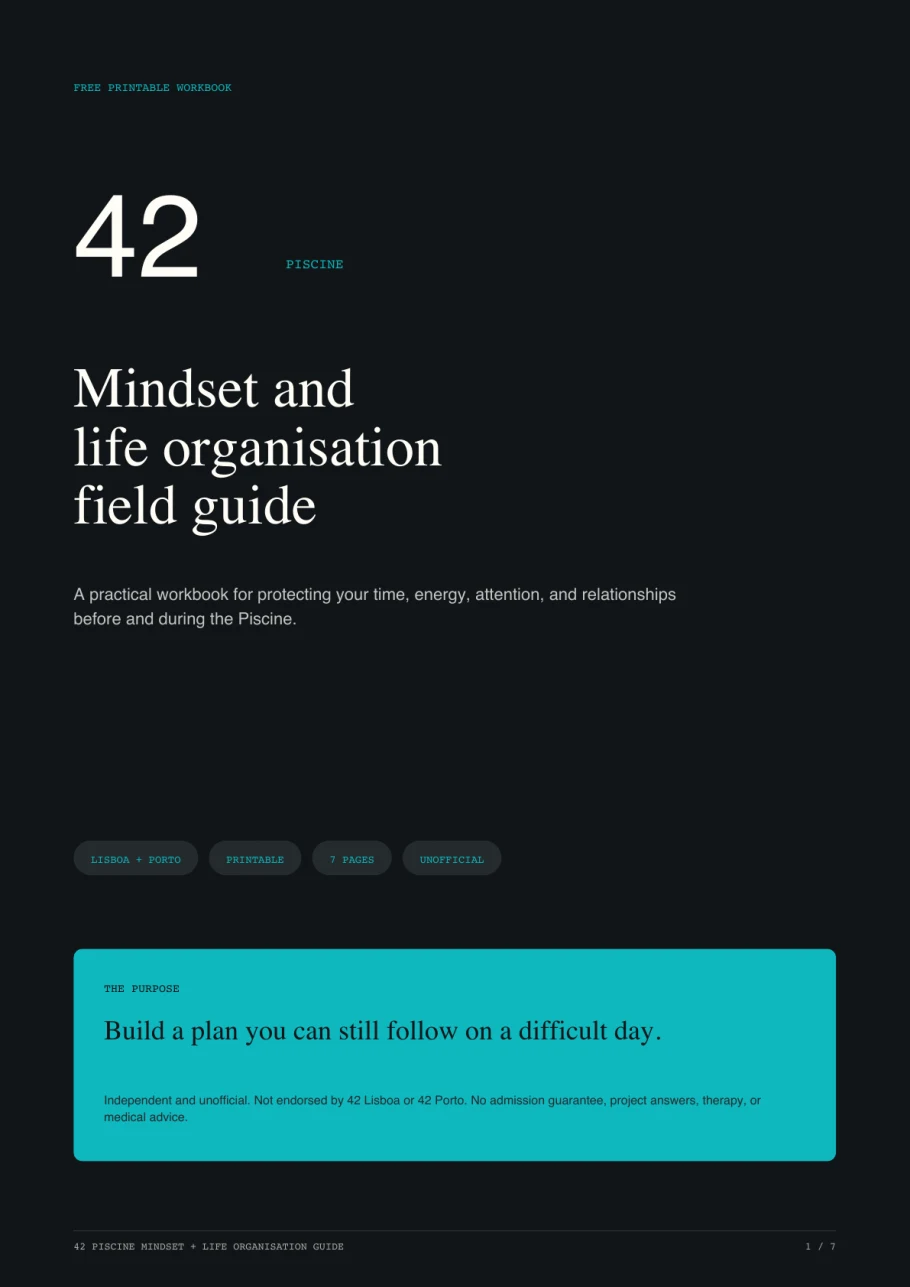 Cover of the 42 Piscine mindset and life organisation guide