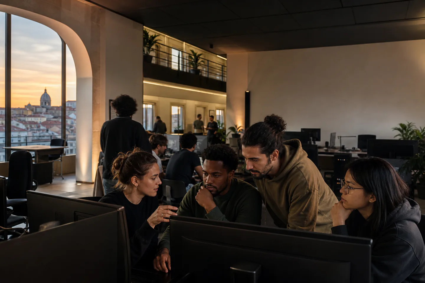 Adult learners collaborating on a programming project in a Lisbon technology campus