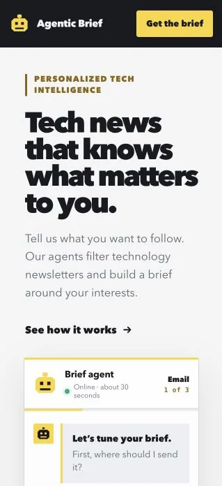 Agentic Brief mobile interface showing a personalized technology news signup